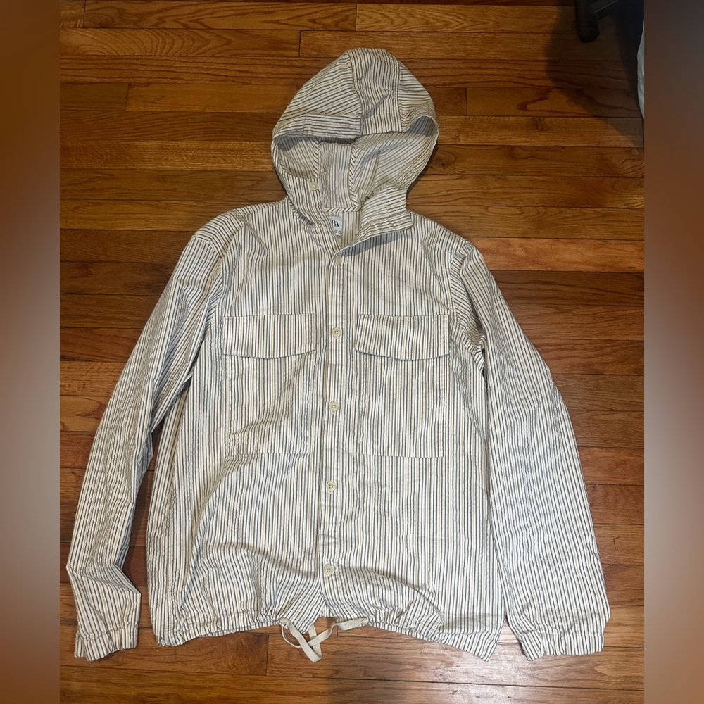 Zara Relax Fit Utility Oversize Lightweight Cream Yellow Stripe Hooded Jacket M